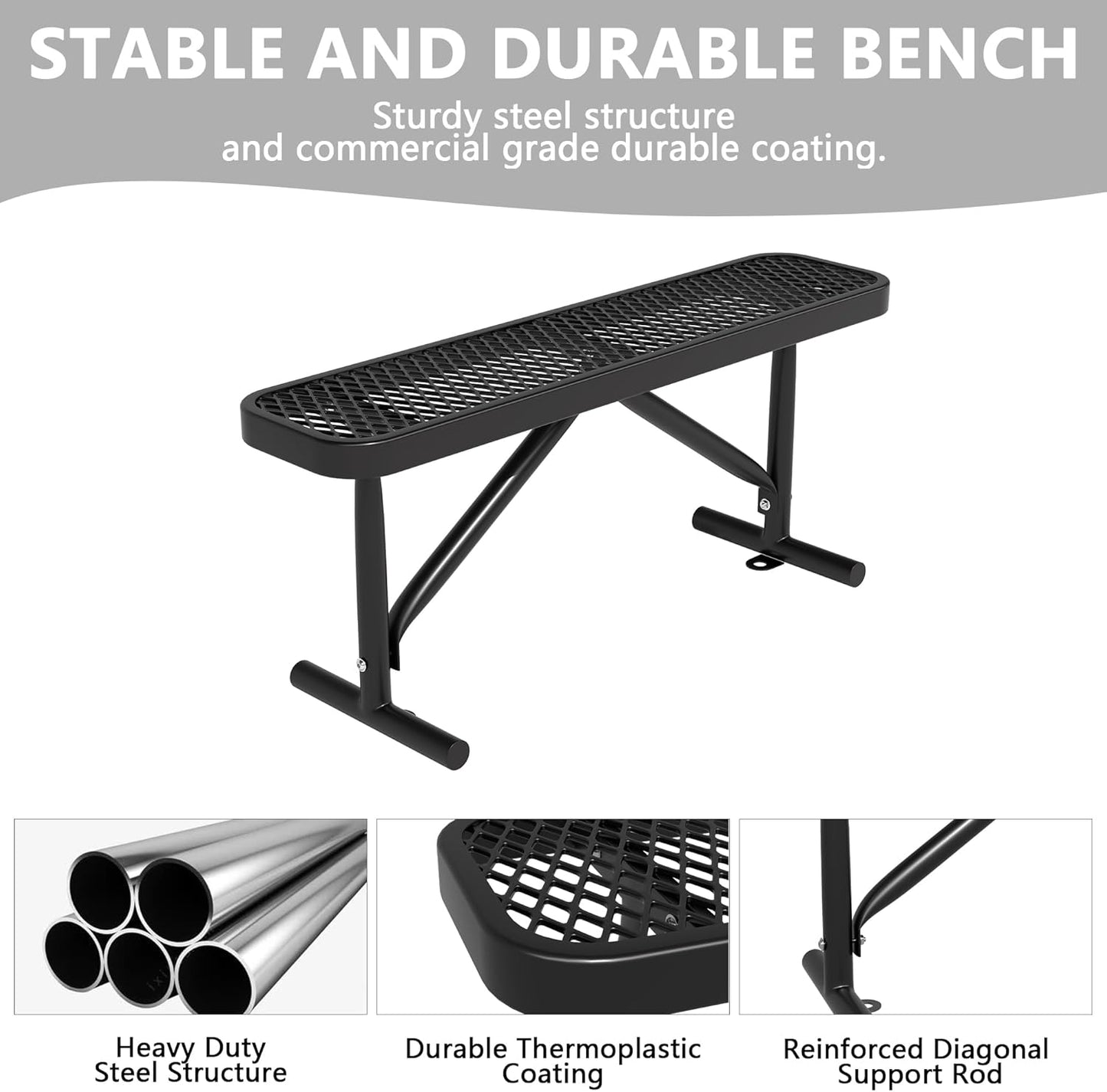 4 Feet Metal Park Bench for Outside, Outdoor Heavy Duty Garden Bench with Portable Frame, Commercial Benches for Shopping Mall, Store, Park, Patio, Deck, Black