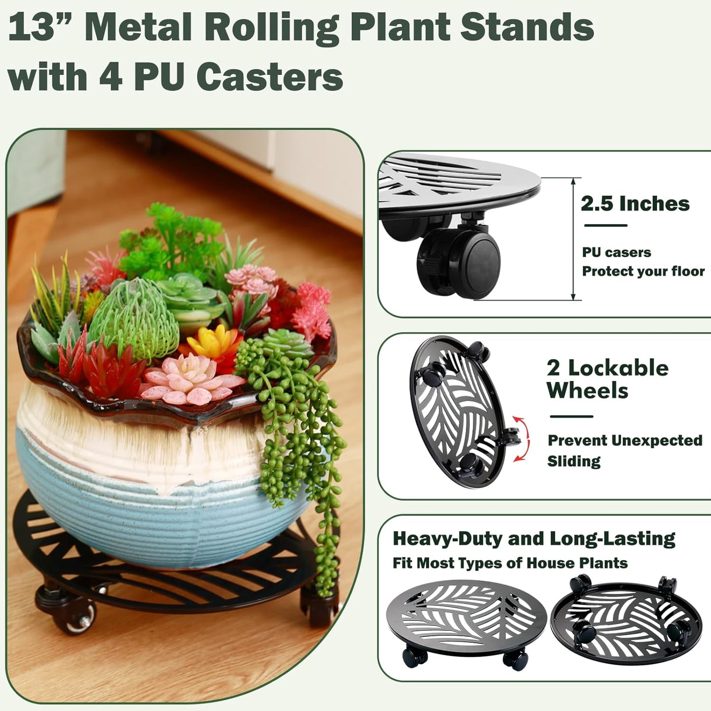 3 Packs 13 inches Large Metal Plant Caddy with PU Wheels Heav-duty Rolling Plant Stands Indoor Outdoor Wheeled Plant Dolly Coasters Flower Pot Mover Rollers Plant Trolley Cart, Plant Saucers Included