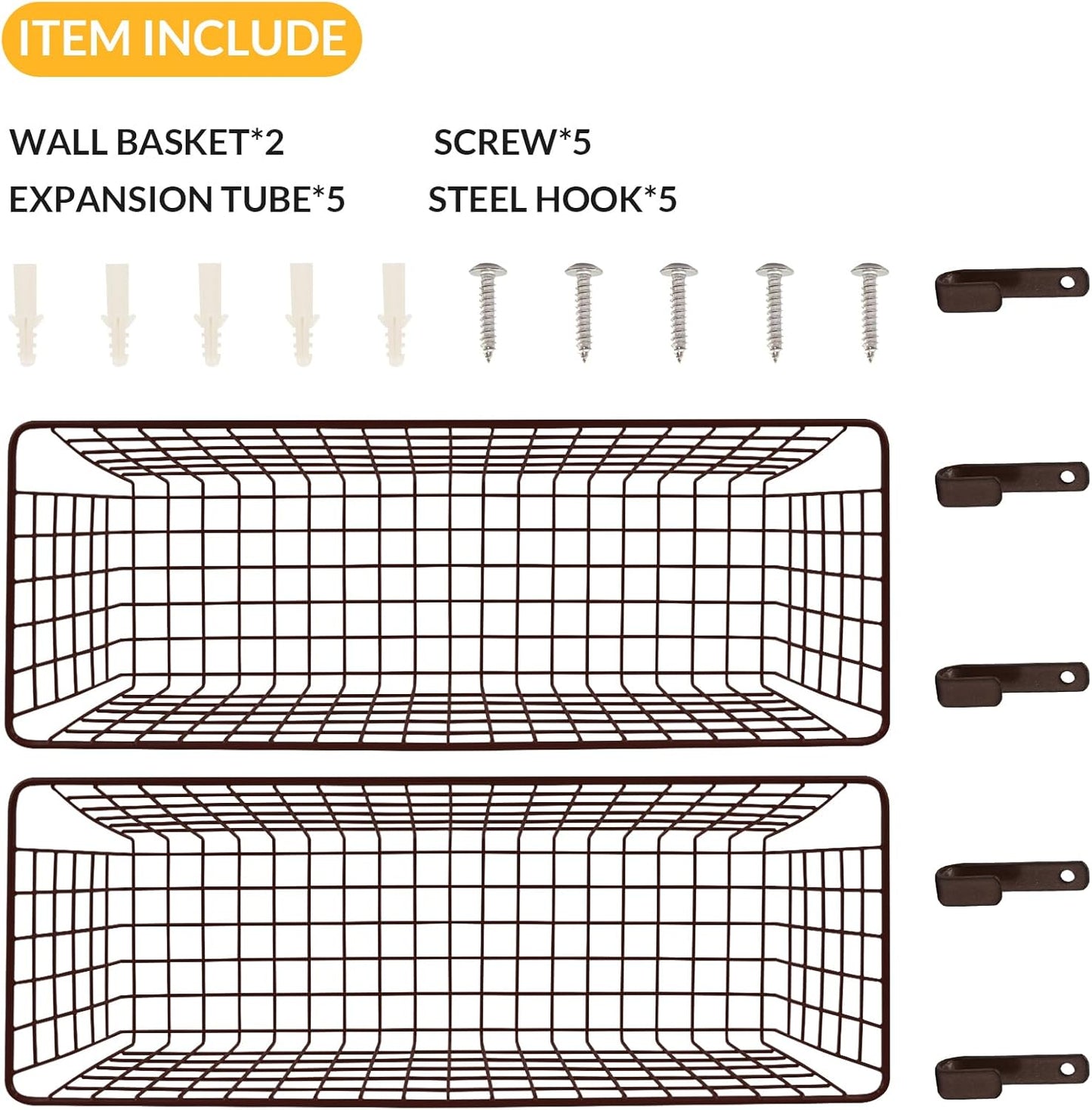 2 Sets Extra Large Hanging Wall Basket, Brown Metal Wire Baskets with Steel Hooks for Organizing, WallmountedFruit Vegetable Toy Snack Storage, Home Kitchen Bathroom Laundry Pantry Organizer