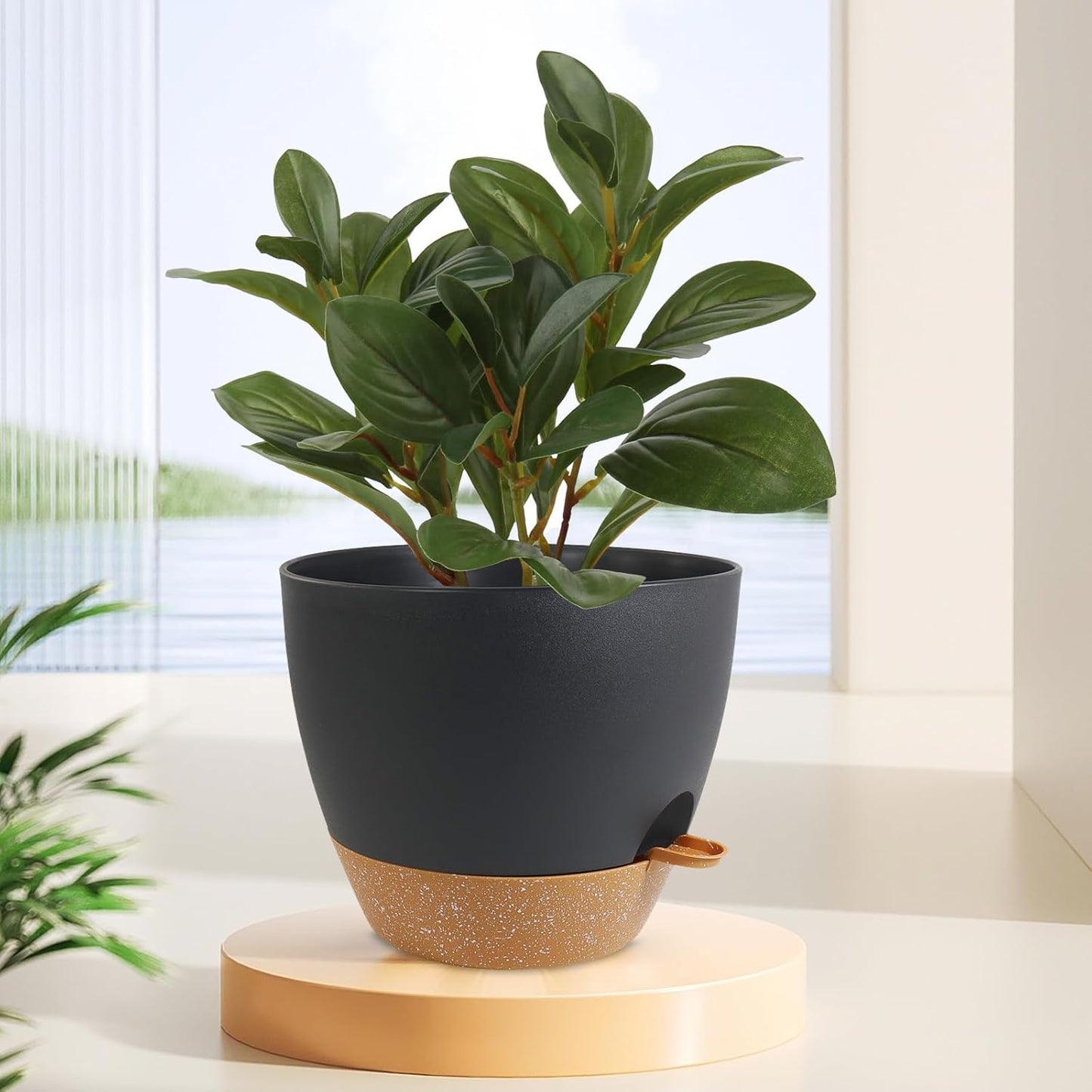 12 inch Large Self Watering Pots, Flower Plant Pots with Drainage Holes for Indoor Outdoor Garden Plants, Plastic Planters with Removable Deep Reservoir, Black with Brown