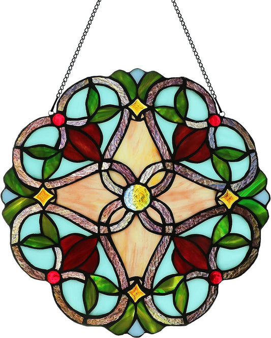 12 Inch Round Stained Glass Window Panel Handmade Tiffany Style Ornament Flower Suncatchers for The Windows Or Wall