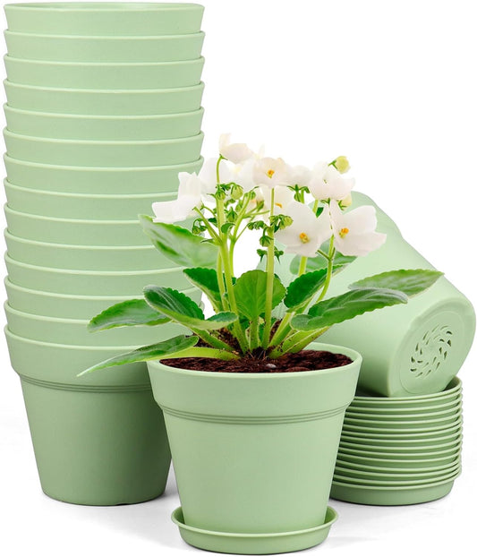 4 inch Small Plastic Nursery Pots, 16 Pack Plant Pots for Indoor Outdoor Plants, Flower Pots with Drainage Holes and Saucers, Decorative Seedling Starter Planters for House Plants, Green