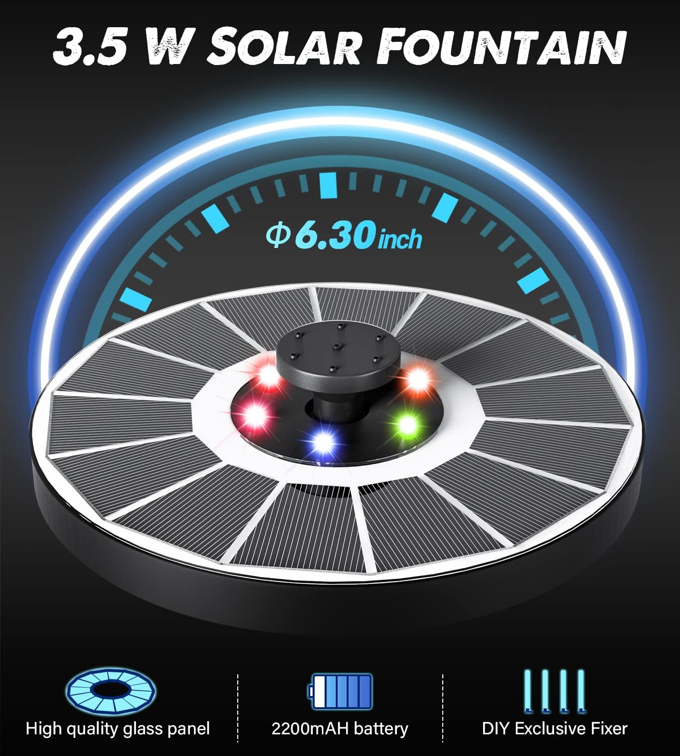 Solar Fountain Glass Panel with 2200 mah Battery, 3.5W Floating Solar Water Fountain with 4 Fixed Rods, Solar Pump for Bird Bath, Garden, Pond, Pool, Outdoor-Colorful Lights