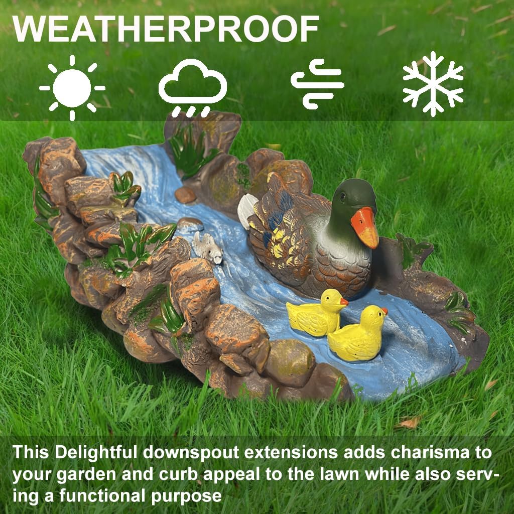 Ducks Splash Block - Decorative Resin Gutter Downspout Diverter, 13.3” x 6.3” x 5.9”, Durable Water Flow Protector for Yard, Garden & Patio, Functional Outdoor Ducks Statue for Rainwater Drainage