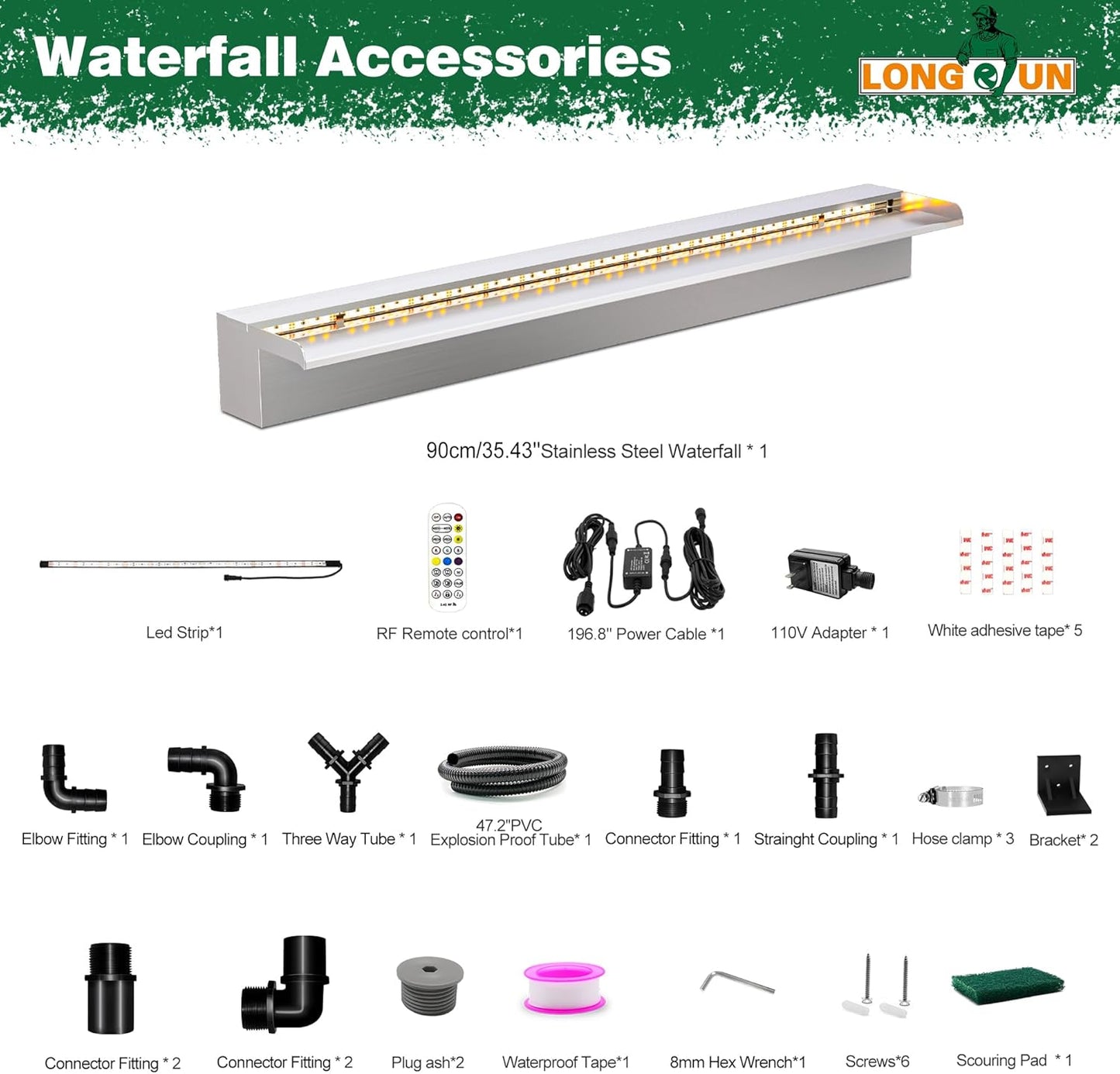 LONGRUN Waterfall Pool Fountain, Updated 5.9'' Wider Open Lip Stainless Steel Waterfall Spillway, Decorative Water Feature for Swimming Pools, Koi Ponds, Spa & Garden - 35.4''