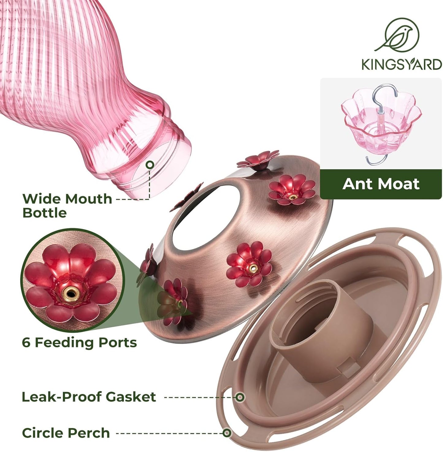 Kingsyard Glass Hummingbird Feeders for Outdoors, 24 oz Hummingbird Nectar Feeder for Outdoors Garden Yard D�cor, 6 Feeding Ports, Ant Moat Included, Easy to Clean & Refill, Pale Pink