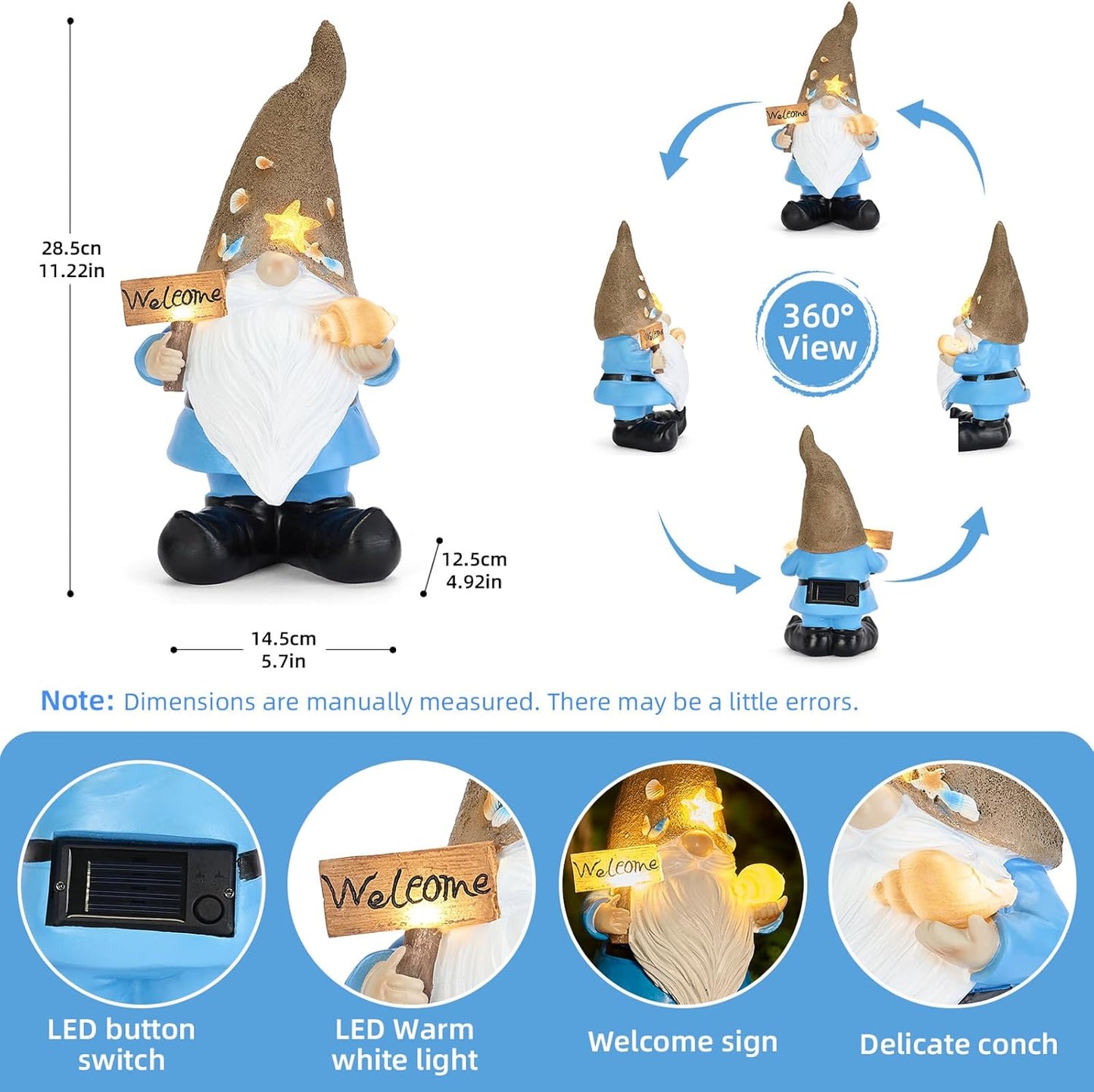 Solar Garden Gnomes Decor Outdoor Statue - Gnome Welcome Sign with LED Waterproof Sculptures Lights, Gnome Pond/Yard Statues Outside Decoration, Home, Lawn, Patio, Resin Ornament, Gardening Gift