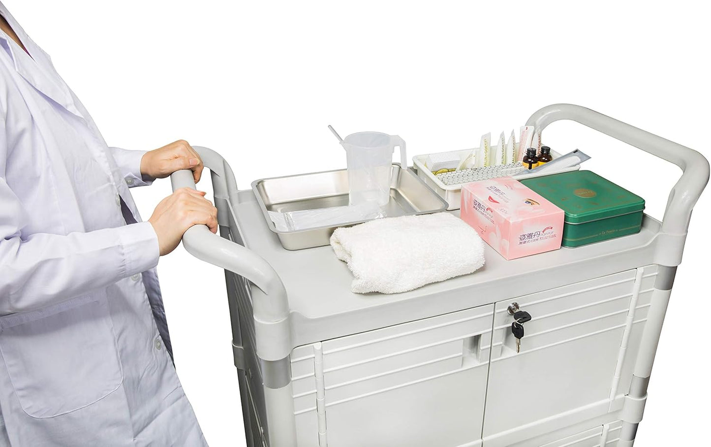 JaboEquip Large Lockable Medical Cart 3 Shelf Hospital Cart Overall Size L34.43xD19.69 inch, JBG-3D2, 606 lbs Load Cap. Off-White (Light Grey) Color