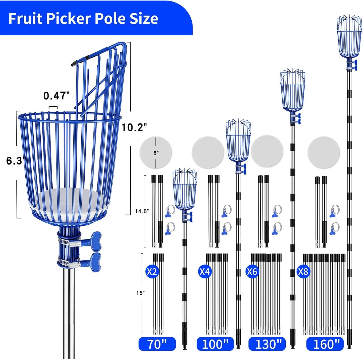 Fruit Picker Pole with Basket Segmented Fruit Picker Pole Tool for Apple Avocado Cherry Lemon Mango Orange Peach Picking(40-70”)
