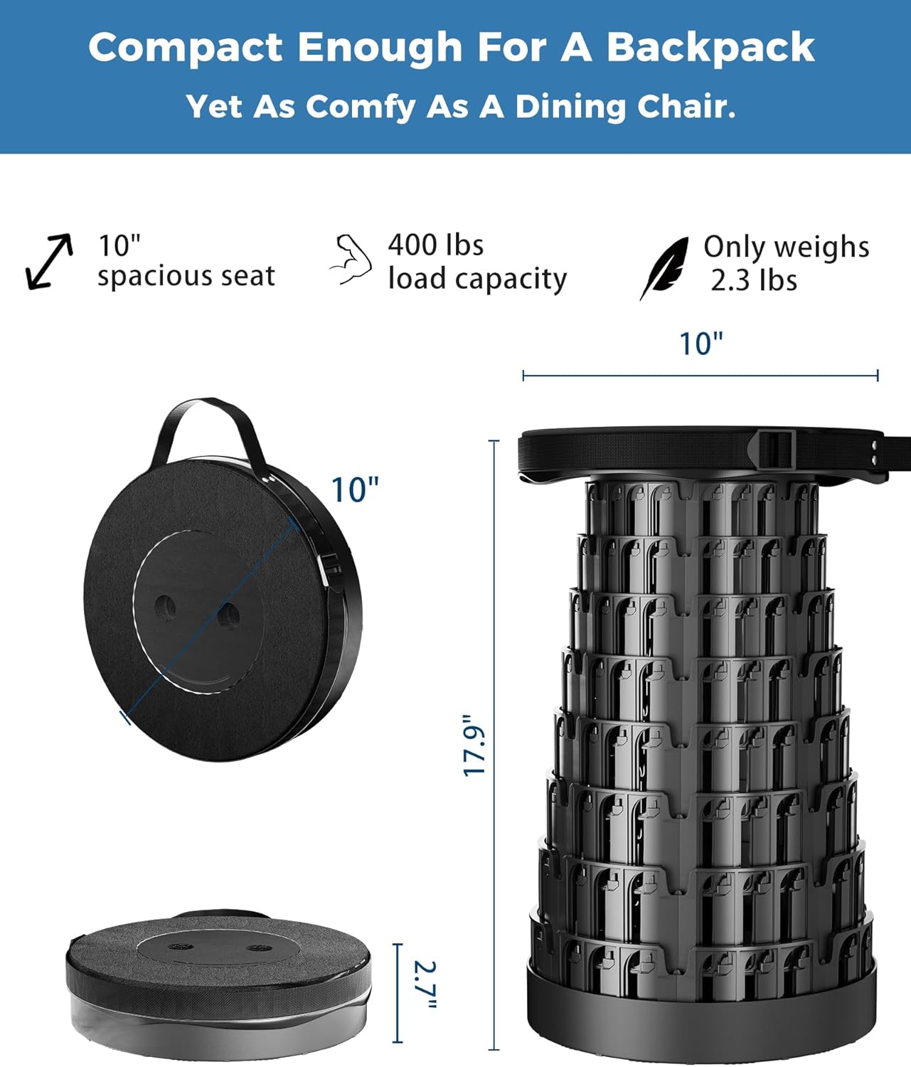 2PCS Upgraded Collapsible Stool with Removable Cushion & Waterproof Carry Bag - Portable Folding Stool for Adults, Camping, Fishing, Hiking - Lightweight Yet Sturdy Max 400lbs