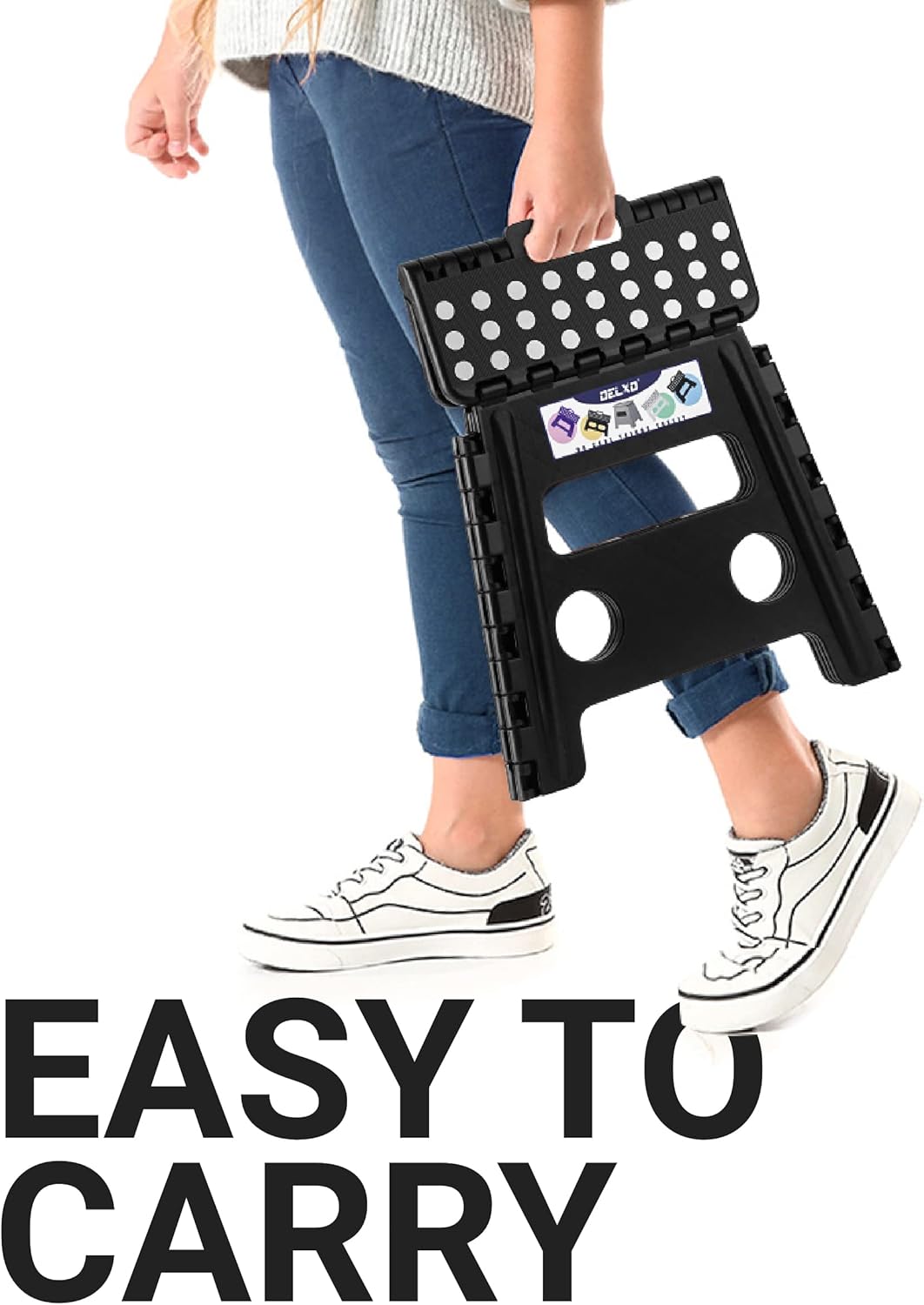 Delxo Folding Step Stool, 13 inch Non-Slip Foldable Stools Up to 300 LBS, Step Stool with Handle, Lightweight for Kitchen, Bathroom, Bedroom, Garden, Black, 1PC