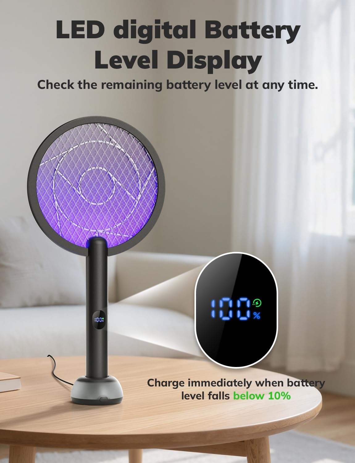 YISSVIC Electric Fly Swatter Bug Zapper Racket 4000V LED Screen Dual Modes Fly Zapper Rechargeable for Indoor Home Office Backyard Patio Camping