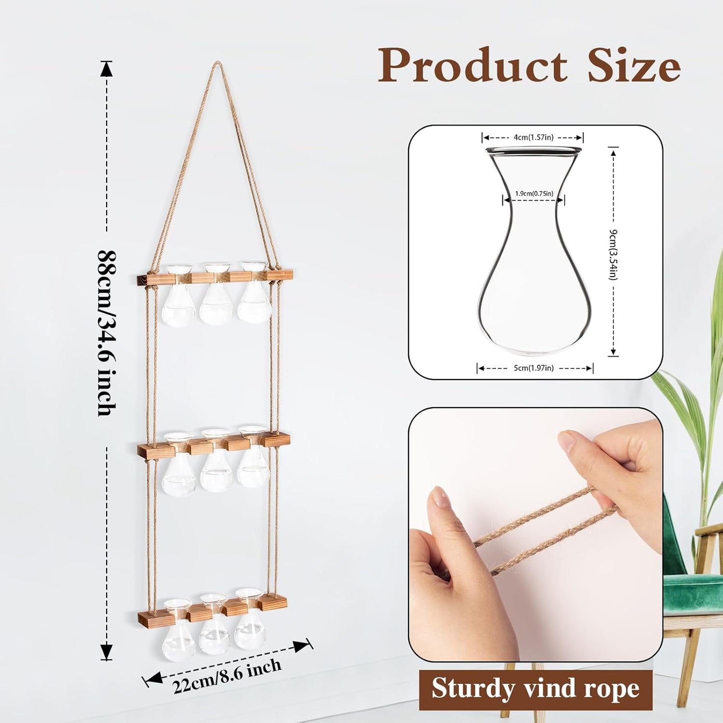 3 Tiered Plant Propagation Station - Wall Hanging Terrarium with Wooden Stand Indoor 9 Teardrop Vase Glass Planter for Hydroponic Plants Cutting Flower Plant Lover Gift