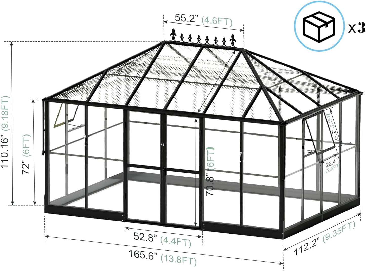 Jocisland 14x9.5x9 FT Polycarbonate Greenhouse with Clear Panels- 6 FT Wall Height Outdoor Aluminum Greenhouses with 2 Vents, Double Doors with Hook, Walk-in Greenhouse for Backyard Garden