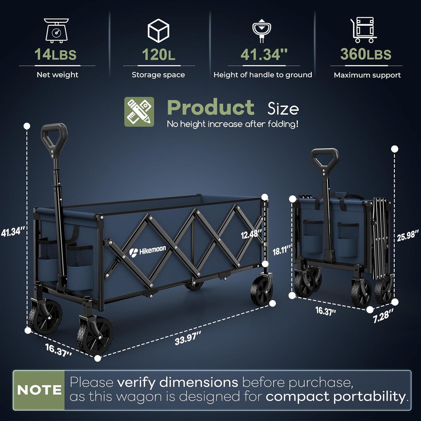 34'' Extra Long Collapsible Wagons Carts Foldable, 360LBS Heavy Duty Folding Beach Wagon with Wheels, Portable Utility Outdoor Cart for Grocery, Garden, Sports, Camping, Blue