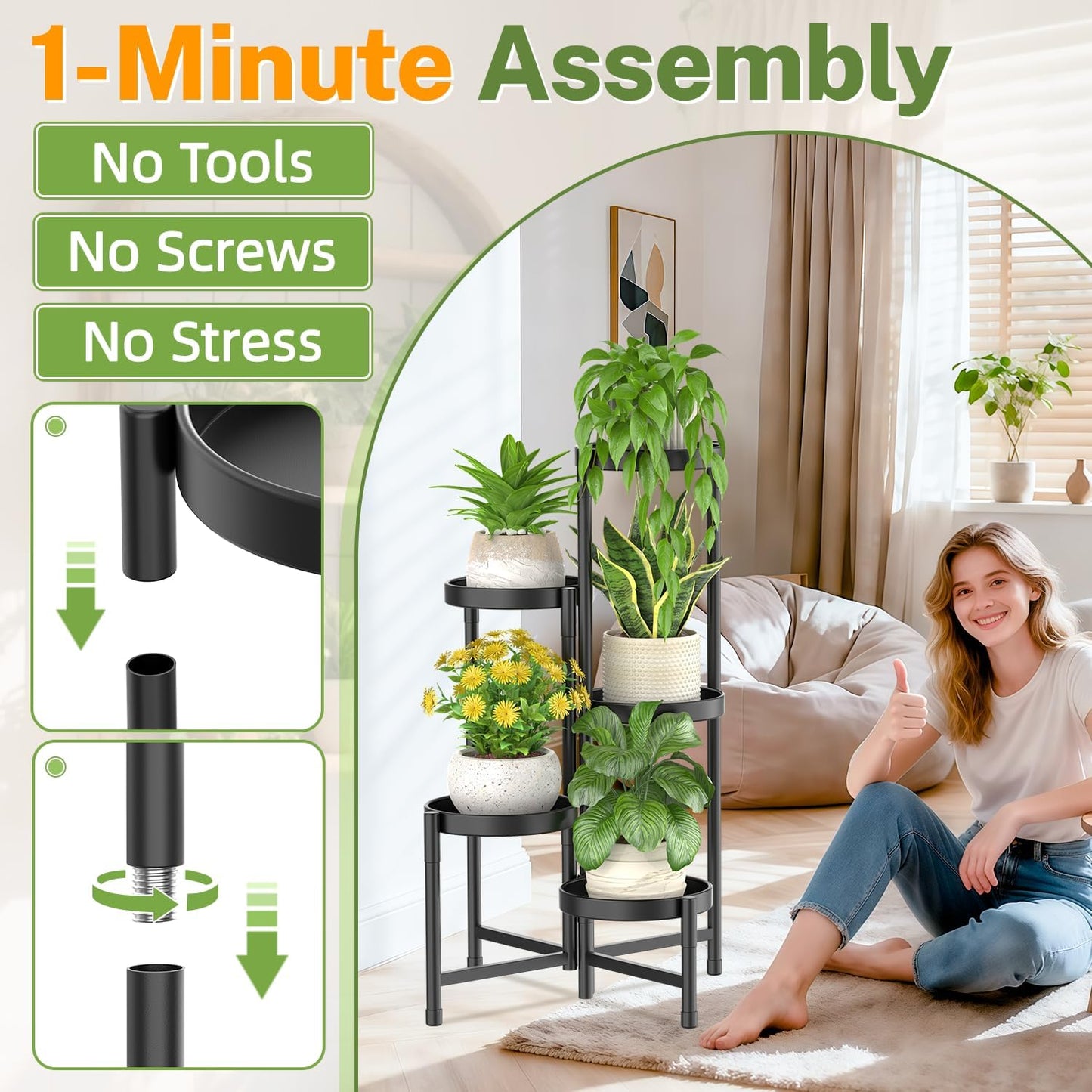 iDavosic.ly Plant Stand Indoor Outdoor, 5 Tier Corner Metal Flower Display Holder Shelf, Folding Tall Orchid Rack for Patio Balcony Porch Garden Living Room House, Black