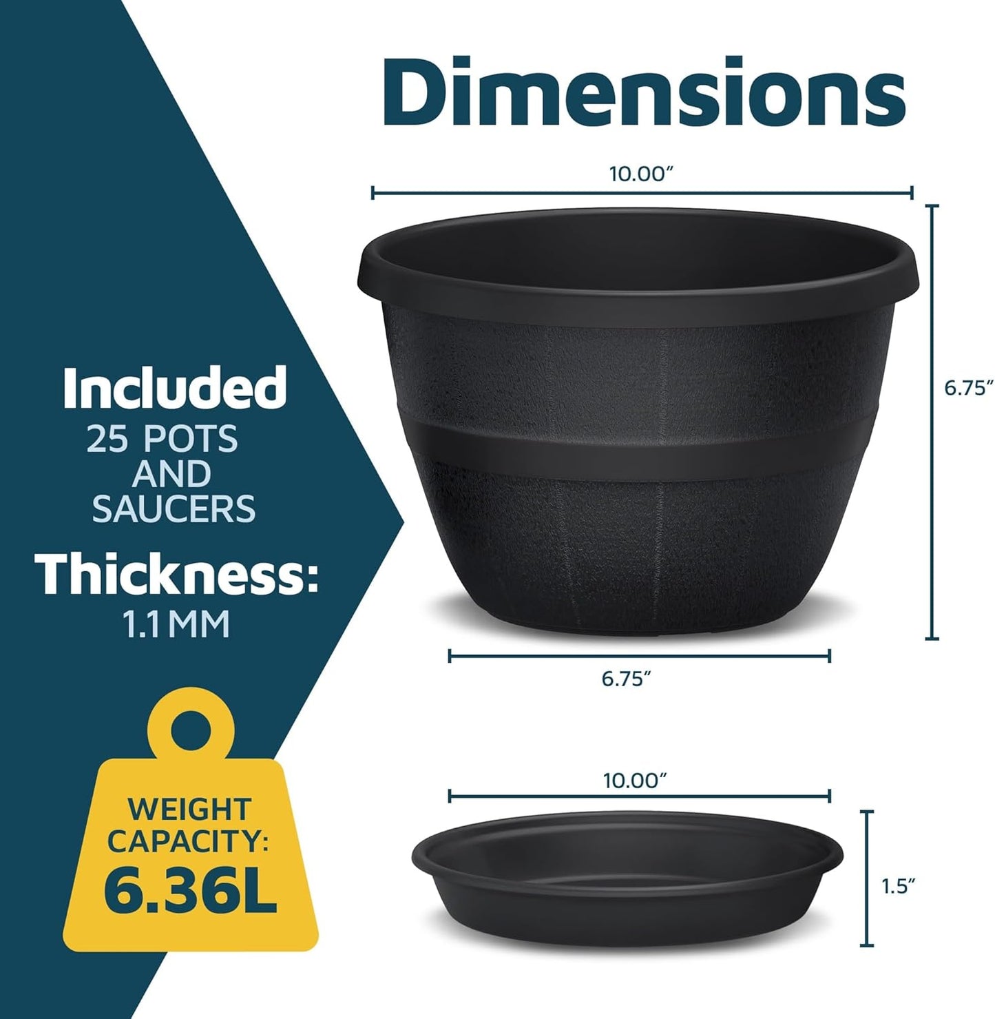 10-Inch Whiskey Barrel Planters Outdoor Pack of 25 - Durable Plastic Plant Pots for Indoor & Outdoor Use with Drainage & Saucer, Lightweight Rustic Barrel Planters for Flowers, Herbs & Small Plants