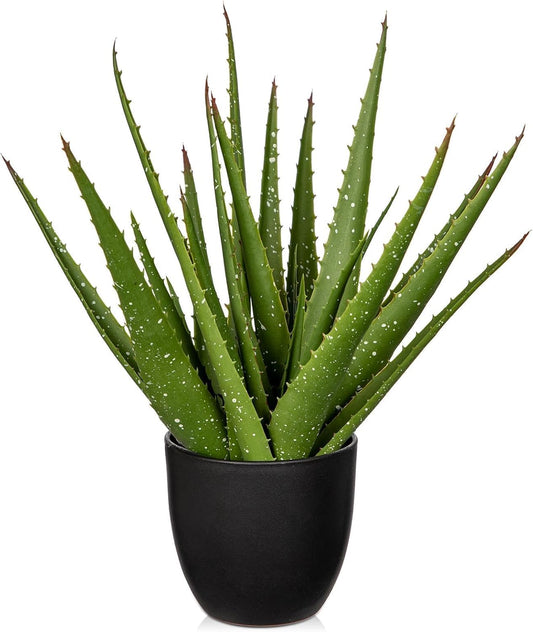 Fake Succulent Aloe Vera Plants 13.4 Inch Large Artificial Succulents with Black Pot Faux Aloe Potted Plant for Desk Modern Home Office Bedroom Living Room Table Shelf Decor