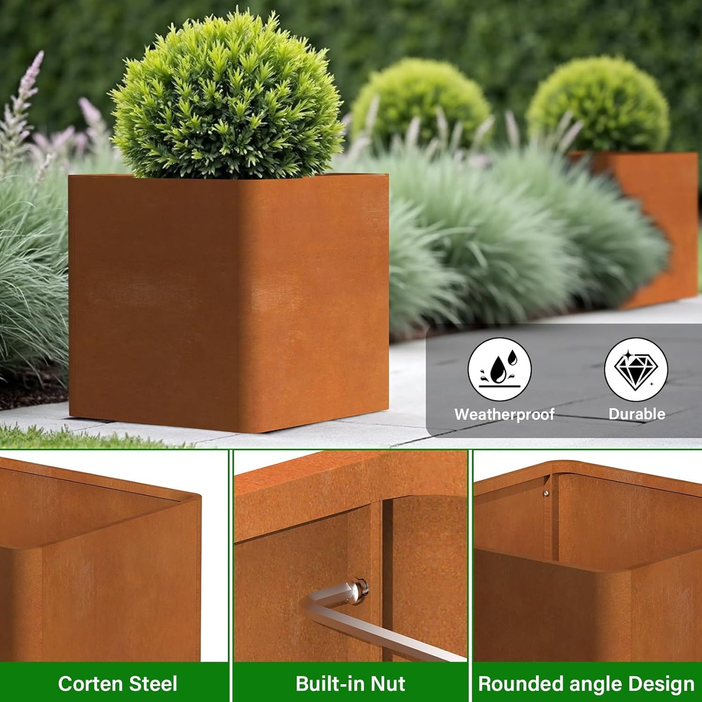 Corten Steel Planter Box 26" L x 26" W x 26" H,Large Metal Square Planter for Outdoor Plants,Metal Cube Flower Pot with Drainage Hole for Porch Hotel Patio Yard