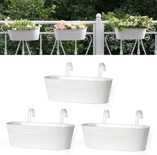 Dahey 3 Pcs Metal Iron Hanging Flower Pots for Railing Fence 15.7 Inch Hanging Bucket Pots Countryside Style Window Flower Plant Holder with Detachable Hooks for Garden Yard Home Decor, White