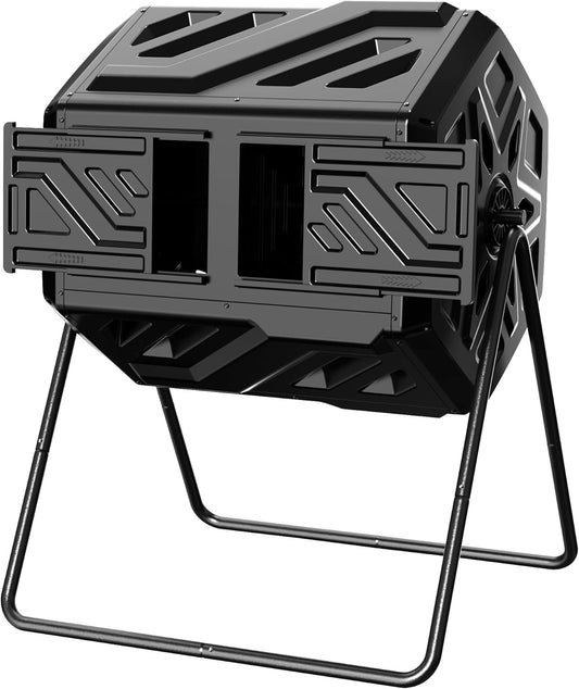 Compost Bin Outdoor Composter, Fast Assembly 43 Gallon Dual Chamber Outdoor Compost Tumbler, Heavy Duty Tumbling Rotating Composter for Patio, Garden,Yard, Black, Easy Setup, Gloves Included