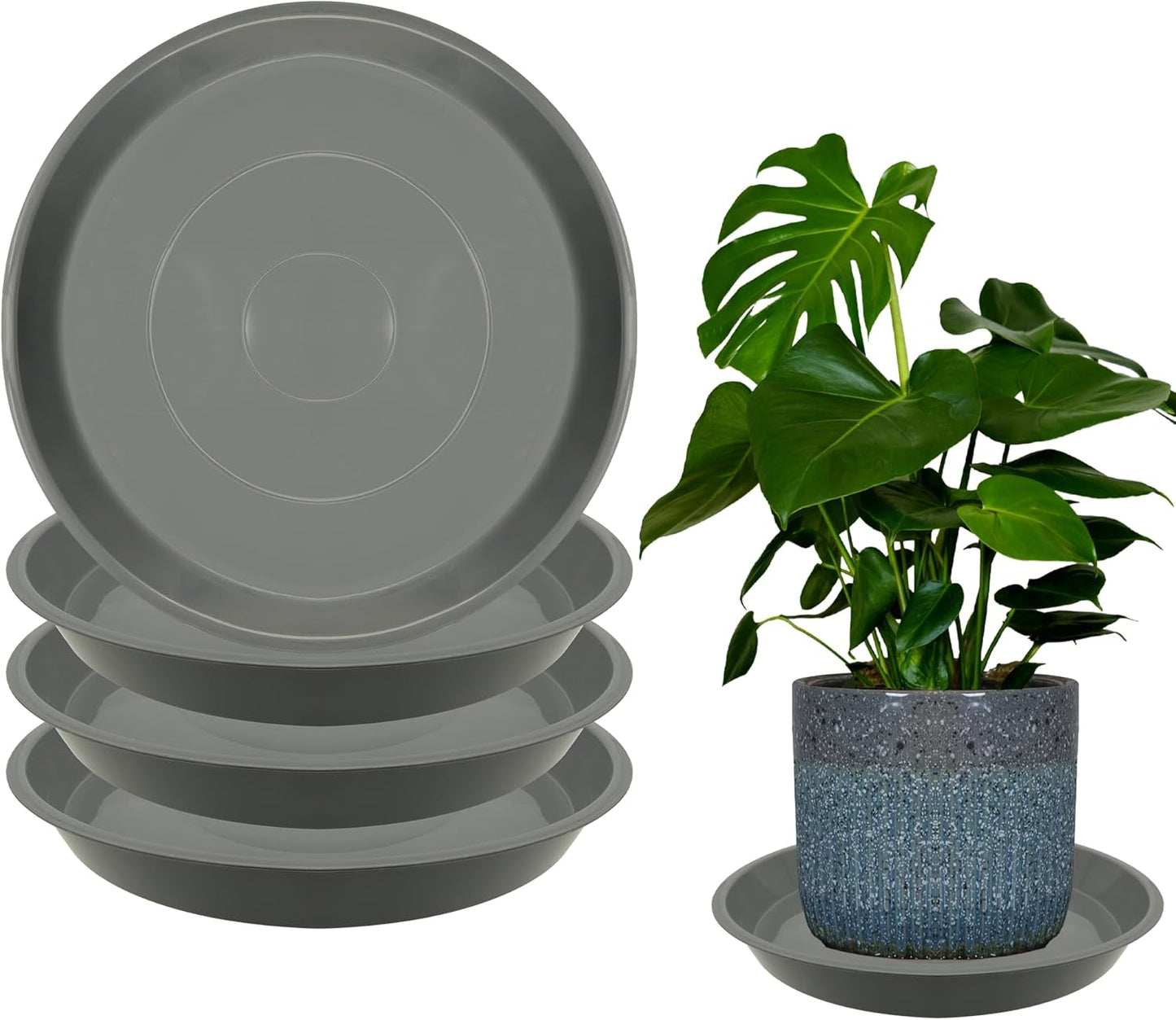 4 Pack 14 Inch Round Plant Saucers for Less 11.8 Inch Pot Indoors Outdoors Plant Trays for Pots Planter Saucer Plastic Plant Drip Tray Planter Water Tray for Potted Plants(Gray, 13.8"(4pcs))