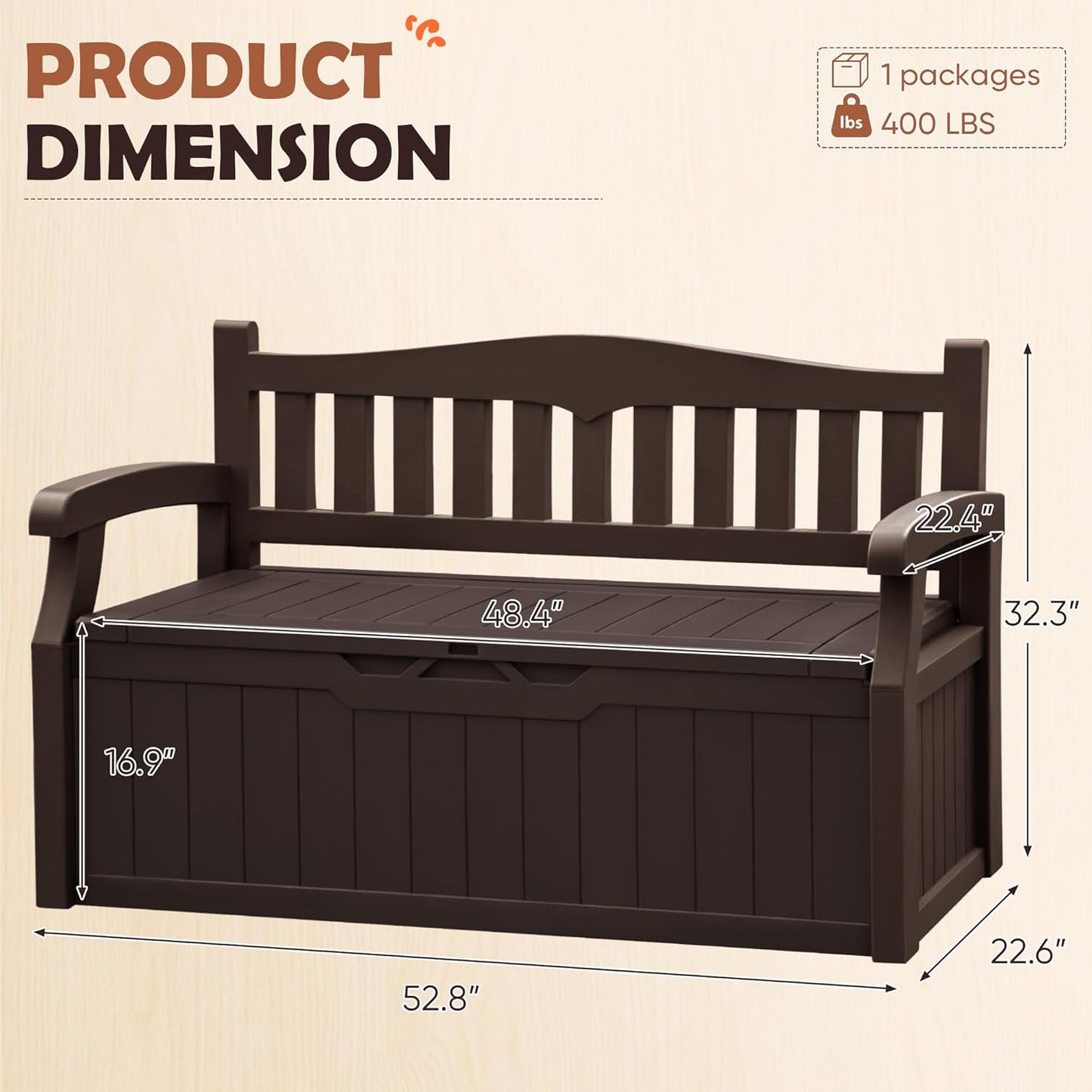 JUMMICO 80 Gallon Resin Outdoor Storage Bench, Large Deck Box with Armrest, Lockable & Waterproof for Garden, Home, Patio, Pools (Brown)