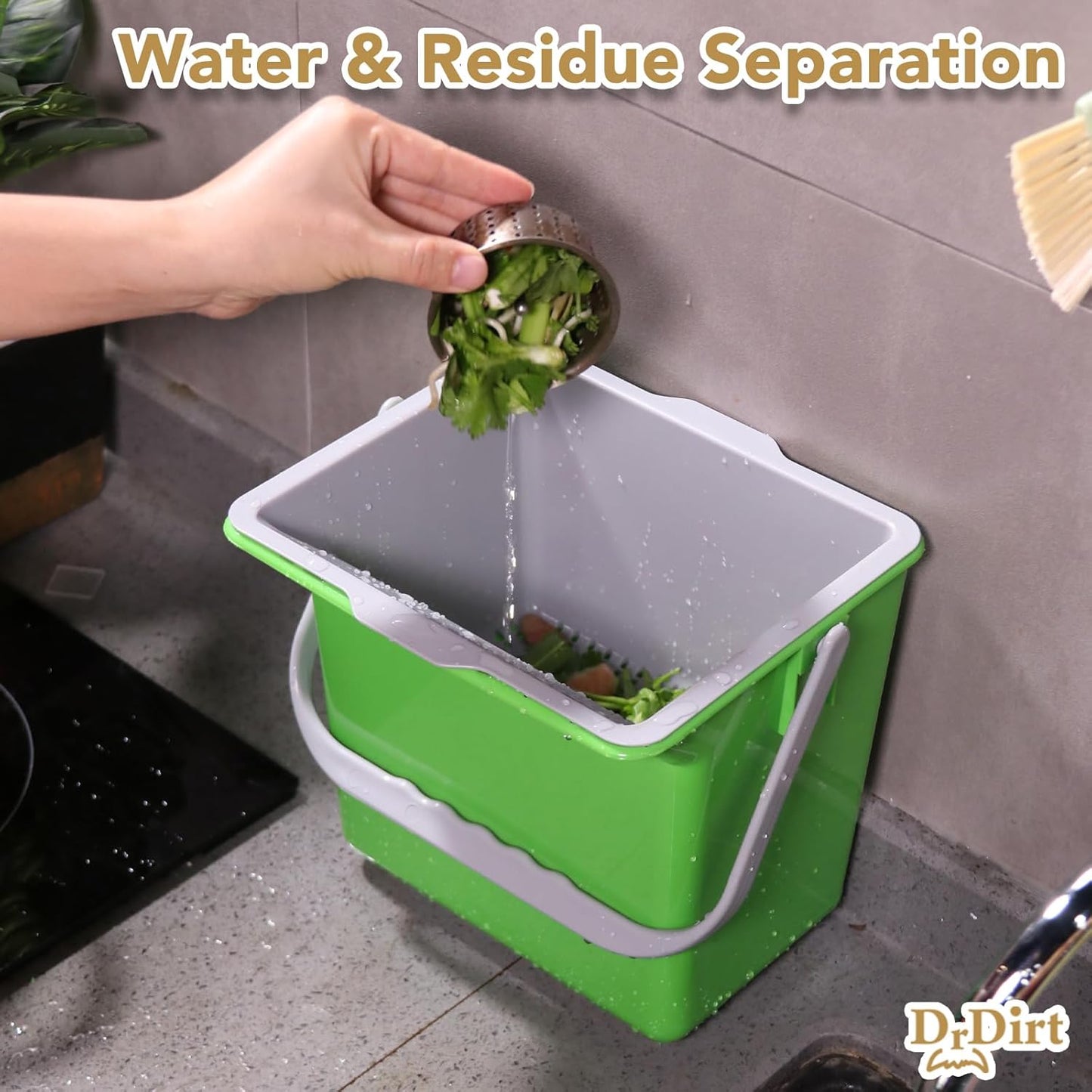 DrDirt Kitchen Compost Bin, 6L / 1.58 Gal Kitchen Compost Bin Countertop with Inner Sieve for Liquid Separation, Odor-Control, Easy to Clean, for Cooking Family and Home Party, Blue