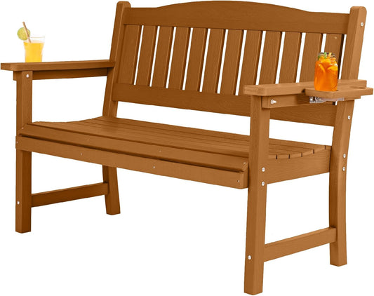 2-Person HIPS Outdoor Benches, Weatherproof Garden Bench with 800 lbs Weight Capacity, Artificial Wood Grains, Never Rot or Fade, Patio Benches for Garden, Porch, Balcony, Backyard,Park, Brown