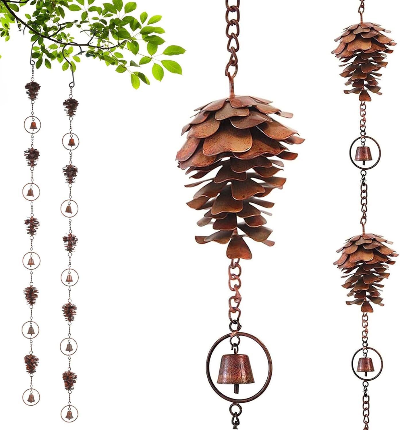 3.5 Feet Pinecone Shaped Rain Chain Metal Rain Chain Gutter Rain Chain Downpipe Outdoor Rain Catcher Decorate Pine Cones and Bells Rain Chain for Indoor Outdoor Decoration