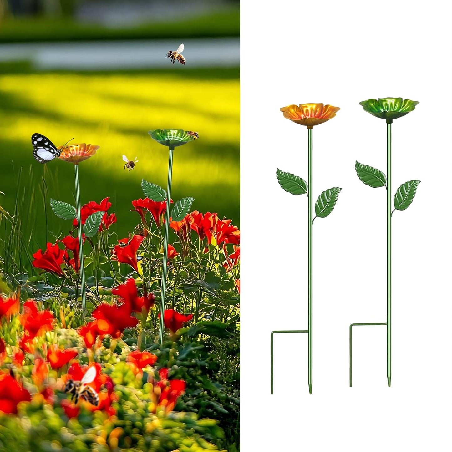 2 Pack Bee Watering Station,Colorful Metal Insect Bath Feeder for Garden, Butterfly Feeder and Bird Drinking with Flower Design, Outdoor Yard Decor (Yellow,Green)