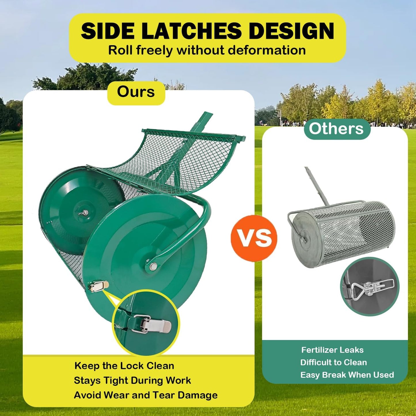 Compost Spreader, 24" Peat Moss Spreader, Roller Lawn Spreader with 3 Heights T Shaped Handle, Side Latches Powder Coated Steel Mesh Basket, Lawn & Garden Spreader for Spreading Manure Topsoil, Green