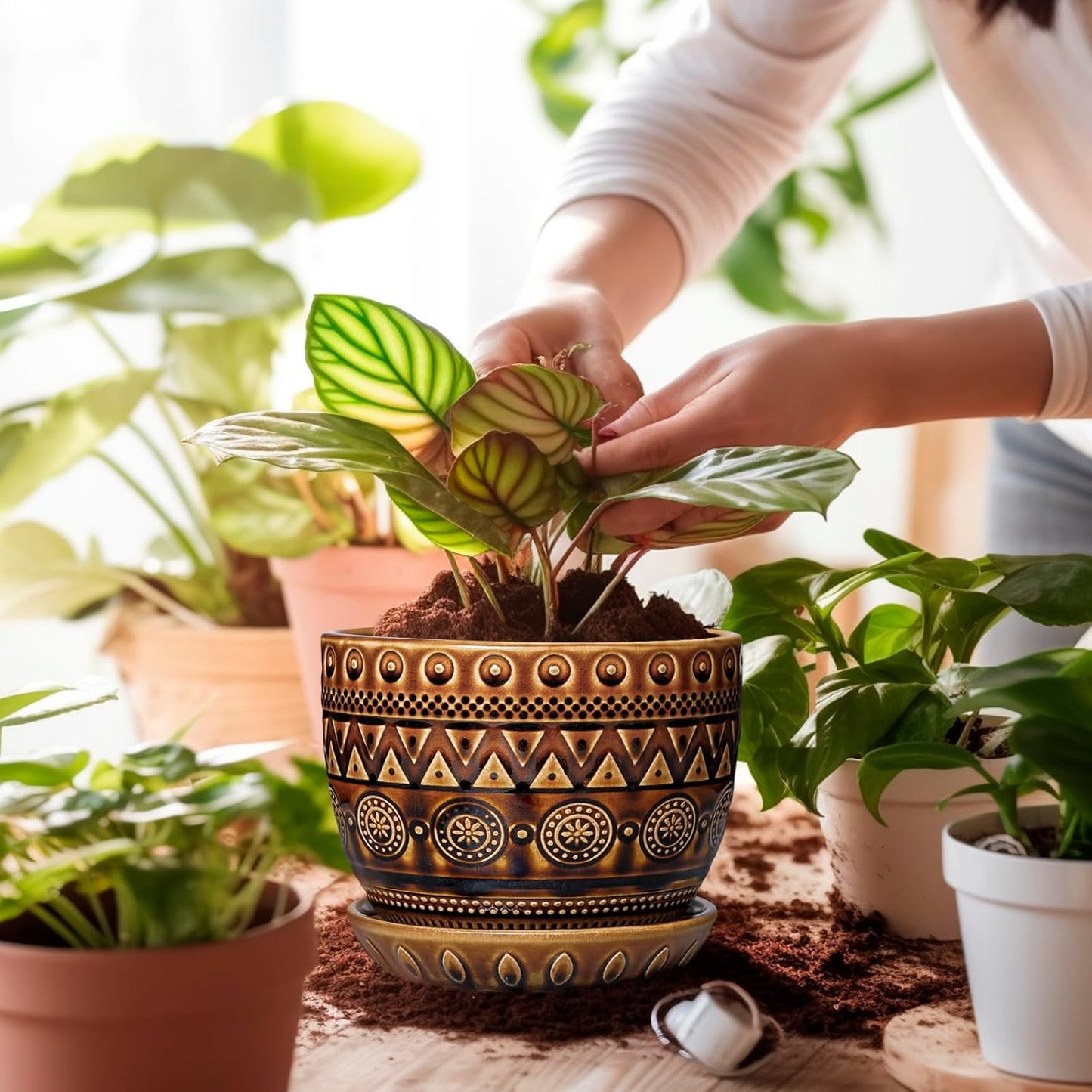 G EPGardening Ceramic Pot for Plants 5.5 Inch - Ceramic Plant Pot with Drainage Hole and Saucer, Boho Round Planter for Indoor Outdoor Plants, Plant Lover Gifts, Office Garden House Decor, Brown