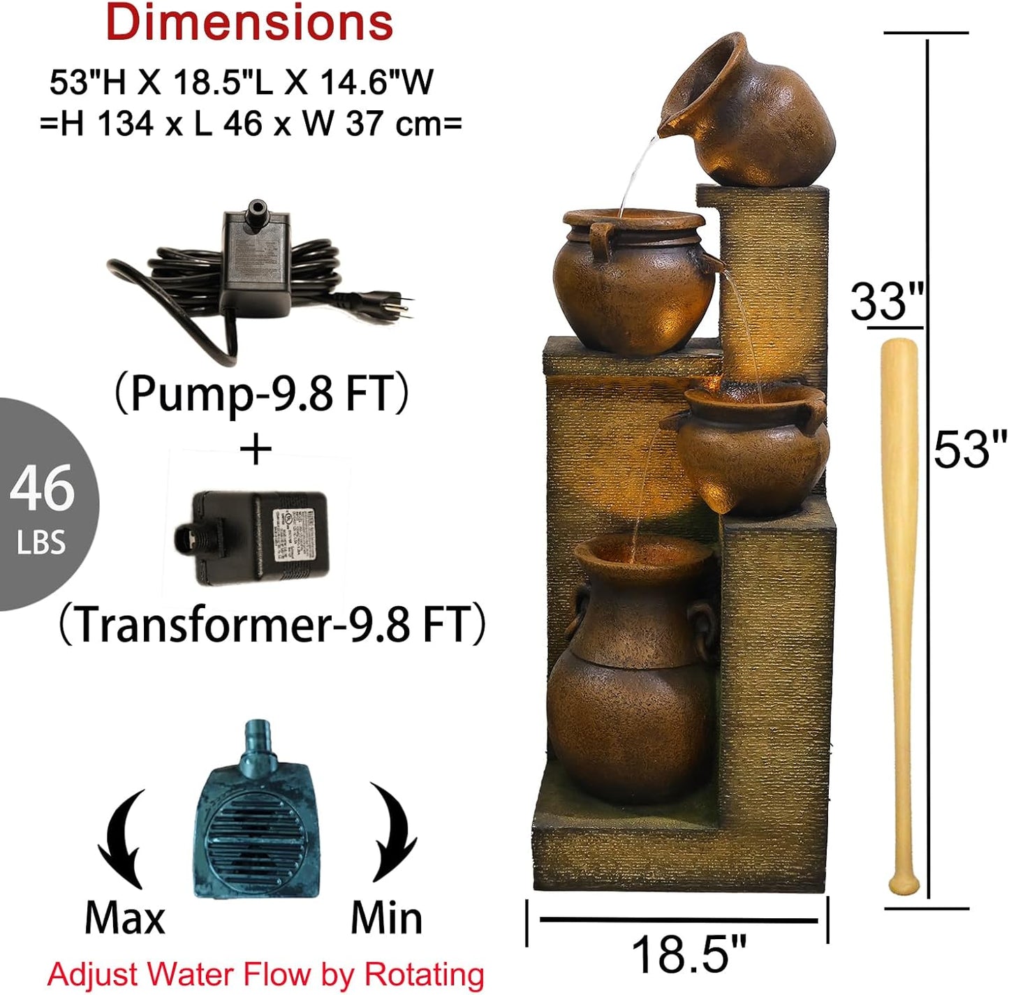 Water Fountain Outdoor Fountain with Lights - 53 Inches 4 Tiered Floor Standing Outdoor Water Fountains and Waterfalls for Garden, Patio, Backyard, Porch Home Art Decor