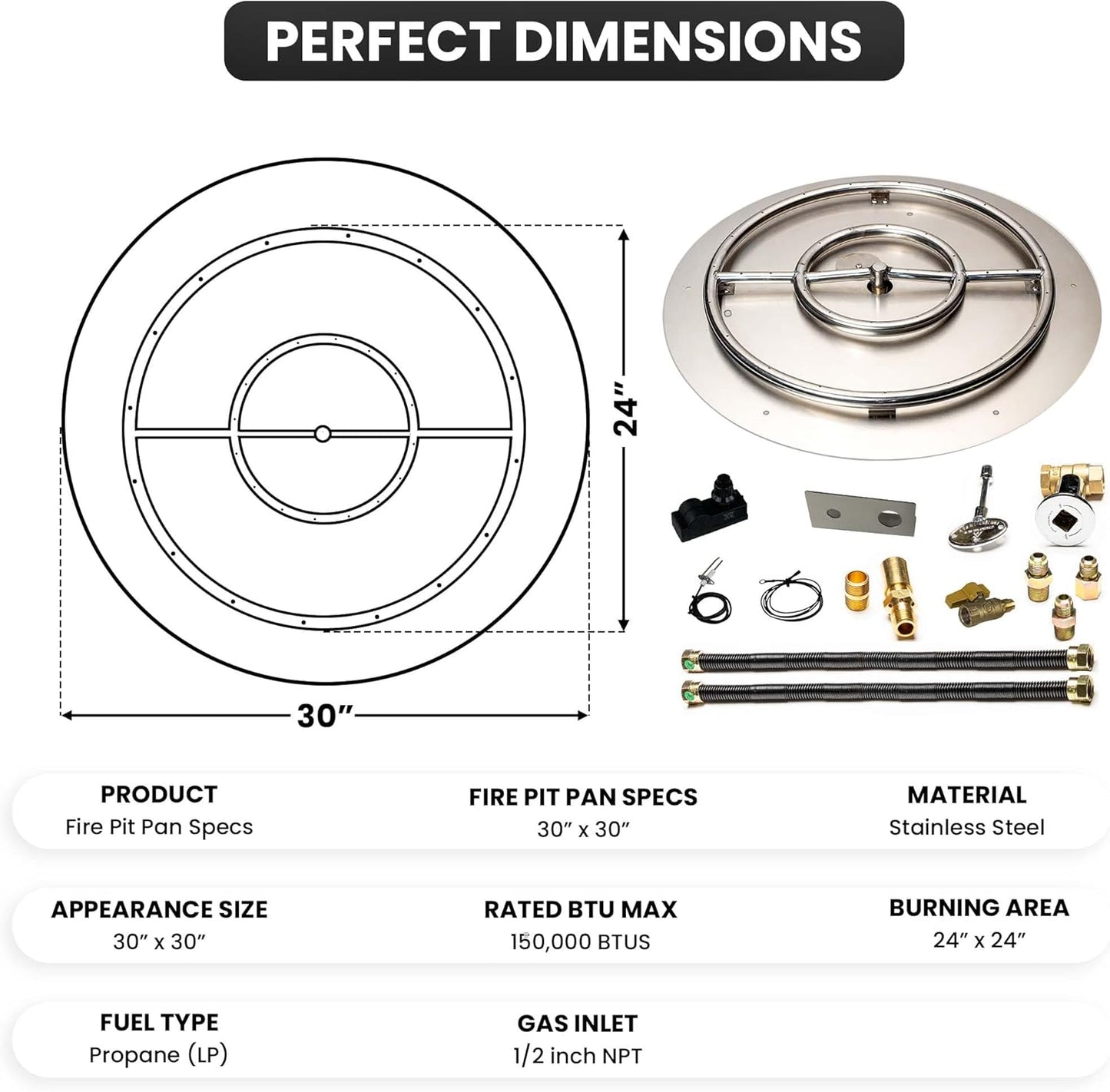 Stainless Steel Fire Pit Burner Pan & Ring Deluxe Kit for Liquid Propane, 30-Inch Pan, 24-Inch Ring, 150,000 BTU Max