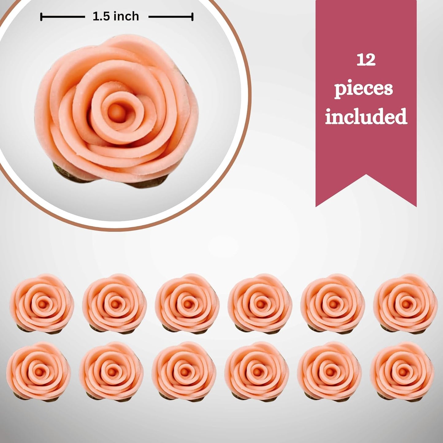 Confect Edible Rose Cake Toppers | Cupcakes & Doughnut Toppers | Roses for Cake Decorations | Edible Pretty Peach Pearl Roses - Vegan, Gluten-Free, Nut-Free, Dairy-Free, Palm Oil-Free -Pack of 12