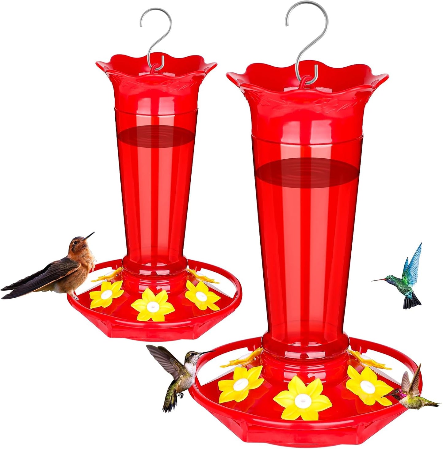 FEED GARDEN 10oz Plastic Hummingbird Feeders for Outdoors - 2 Pack Red, Ant & Bee Proof, 6 Feeding Ports, Easy Clean Red Nectar Feeders for Outside Hanging, Gifts for Mom