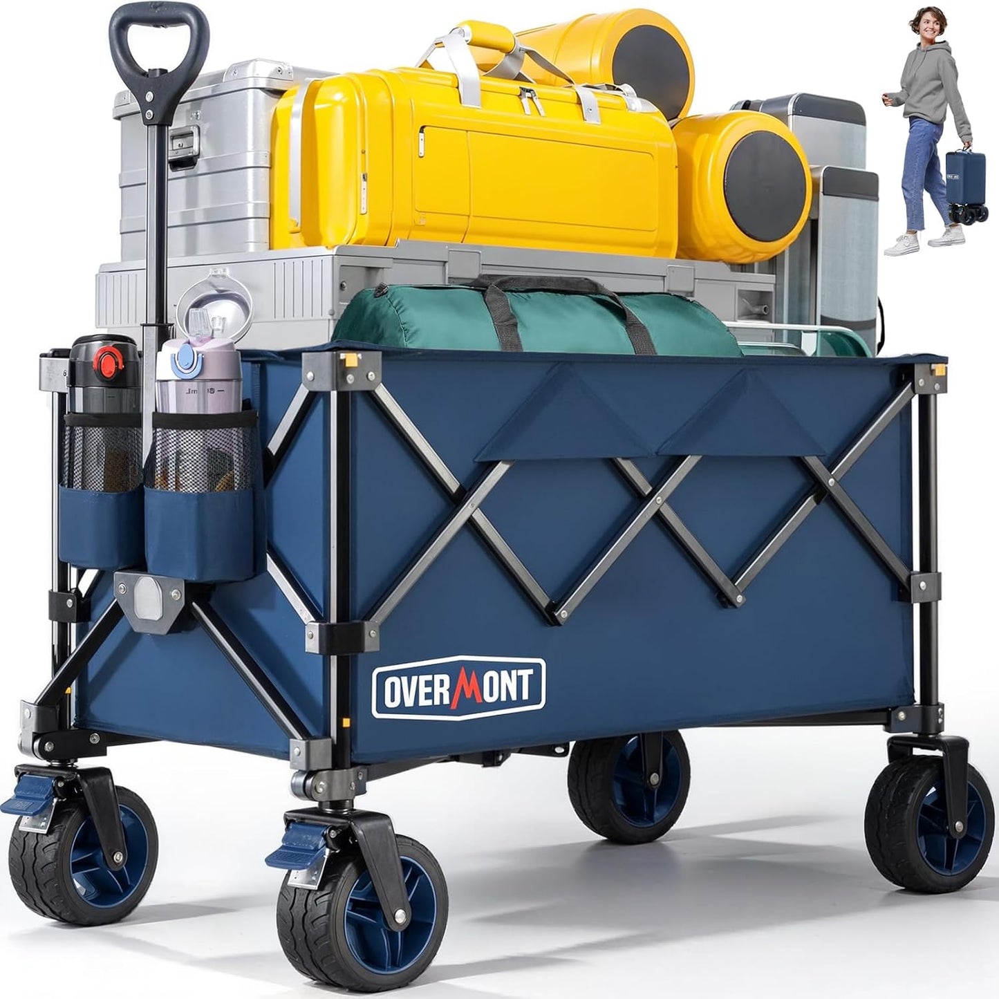 Overmont Ultra-Compact Collapsible Wagon Cart - 200L Portable Folding Wagon with All-Terrain Wheels Utility for Beach, Grocery Shopping, Camping, and Gardening – 330lbs Load Capacity Blue