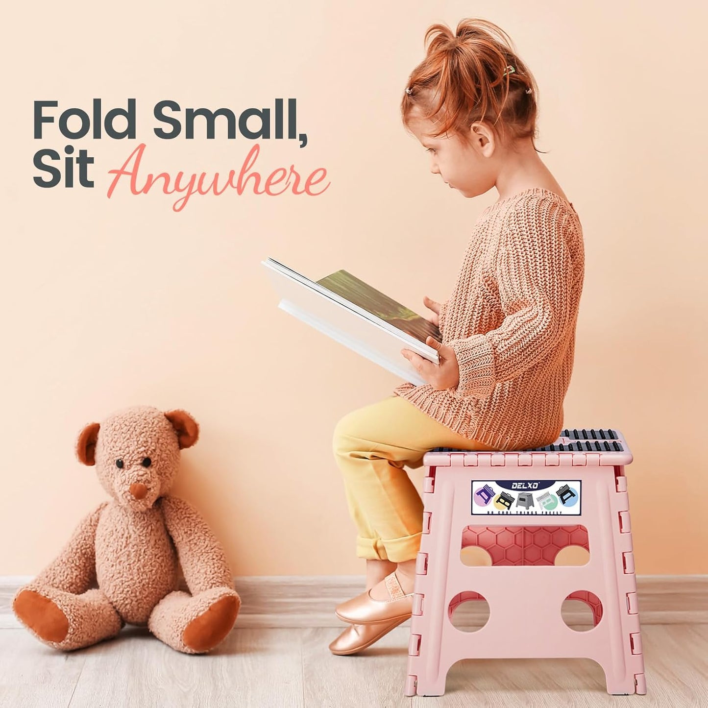 Delxo Folding Step Stool 13 Inch,Non-Slip Foldable Stools for Kids & Adults Up to 300 LBS,Kitchen Collapsible Fold Up Stepping Stool with Dotted 1 Pack,Pink