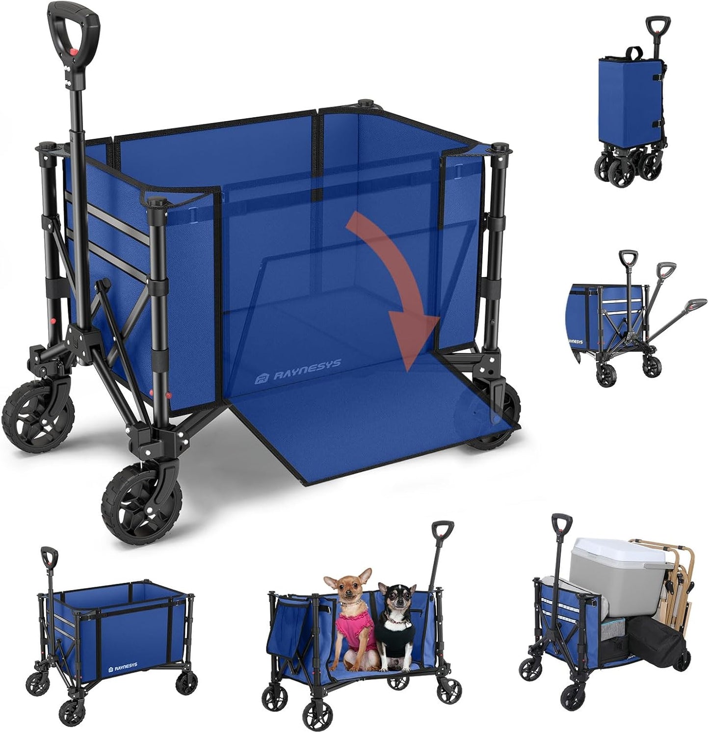 Collapsible Wagon Cart with Wheels 220lbs Foldable Wagon 120L Shopping Cart for Groceries Folding Utility Wagon for Beach, Garden, Camping, Sport, Wheelbarrows, Indigo