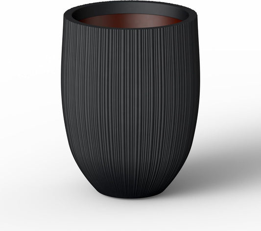 Kante Round Fluted Concrete Planter, 16.9-Inch Dia Barrel-Style Pot with Drainage Hole, Black Finish with Warm Brown Interior, 13.7" Opening, for Indoor and Outdoor Use