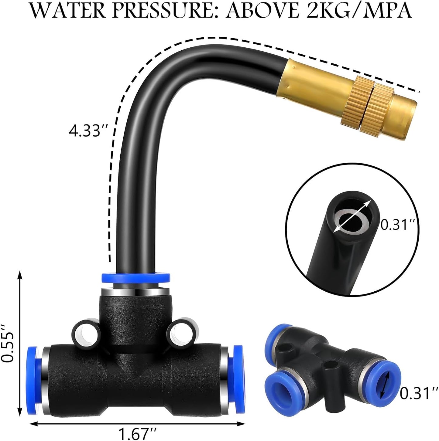 Zonon Brass Misting Nozzles Tee with Built in Hose 360 Degree Rotation Adjustable Water Mister Nozzles Thread Sprayer 0.043" Misting Parts and Accessories for Patio Outdoor Cooling(15 Pcs,4 Inch)