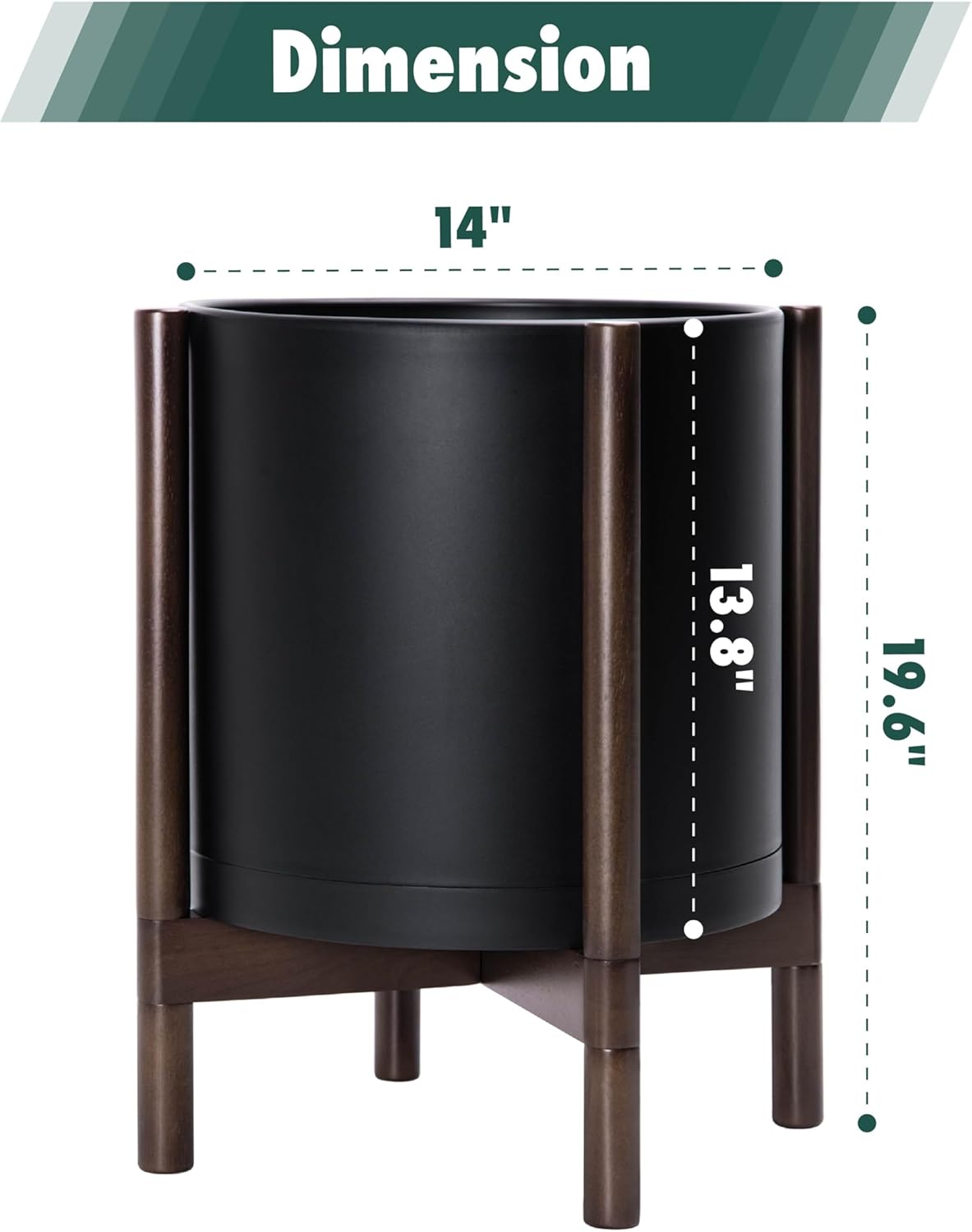 D'vine Dev Planter Pot with Stand - 14 Inch Plastic Cylinder Flower Pot with Wood Planter Holder for Indoor, Matte Black Pot + Walnut Color Stand, 55-C-R-2