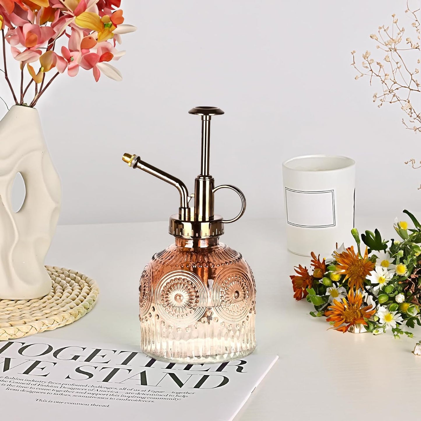 Glass Plant Mister Spray Bottle, Vintage Plant Spritzer, Succulent Watering Bottle Glass with Top Pump, Small Plants Sprayer Watering Can for Indoor Outdoor House(Brown and White Gradient Color)