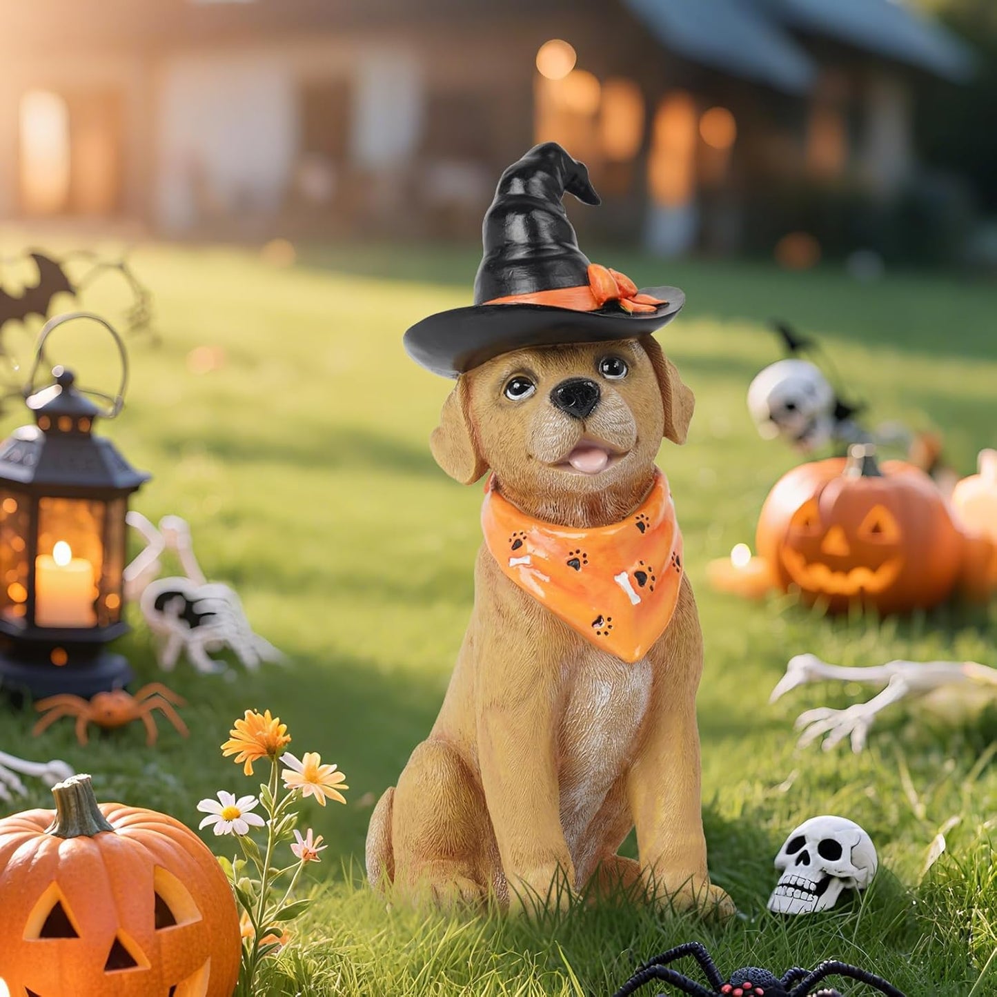 Halloween Decorations Indoor Dog Statue - Halloween Decor Figurine for Outdoor Indoor Mysterious Gothic Tabletop Puppy Sculpture Witch hat, Spooky Gifts Ghost Garden Decorations Rottweiler 5x7x13INCH