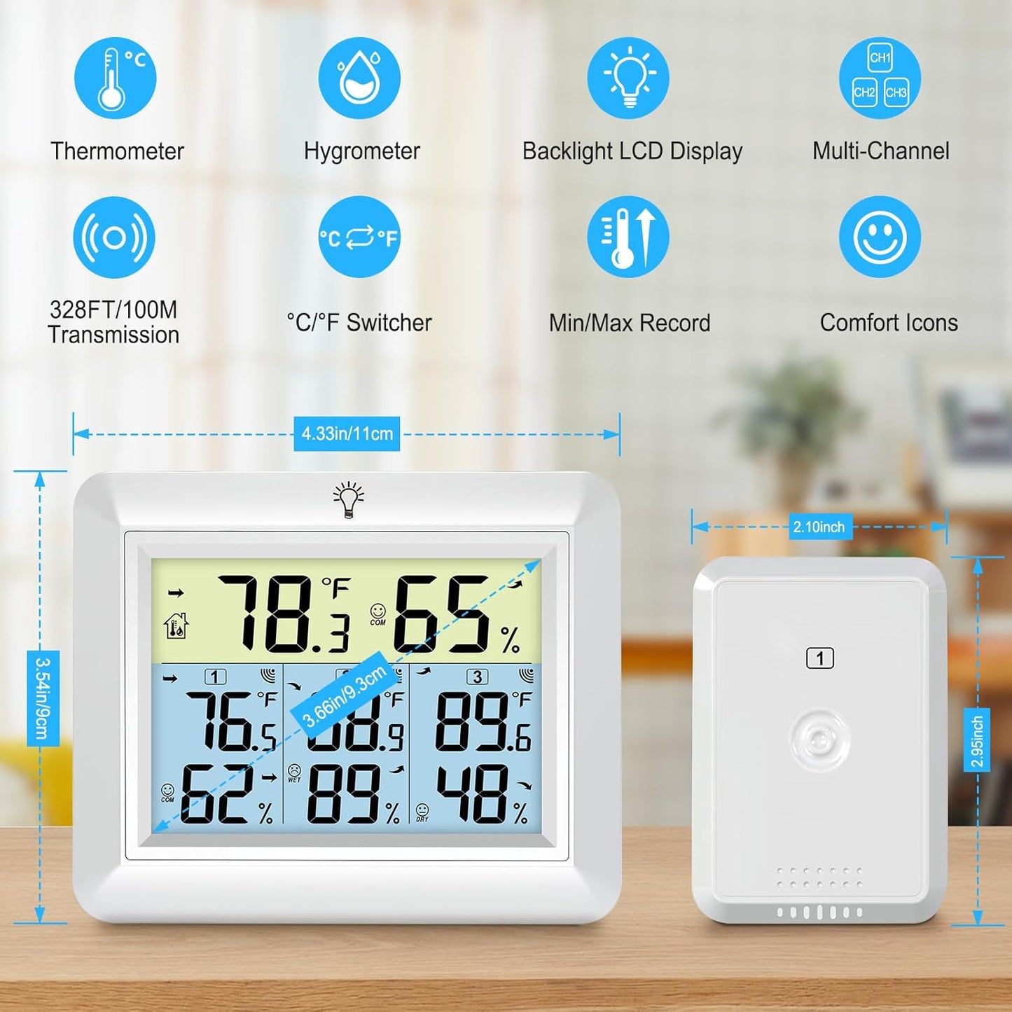 Urageuxy Weather Station Wireless Indoor Outdoor Thermometer with 3 Sensors, Remote Temperature Monitor with Humidity for Home, Baby Nursery, Room, Attic, Patio