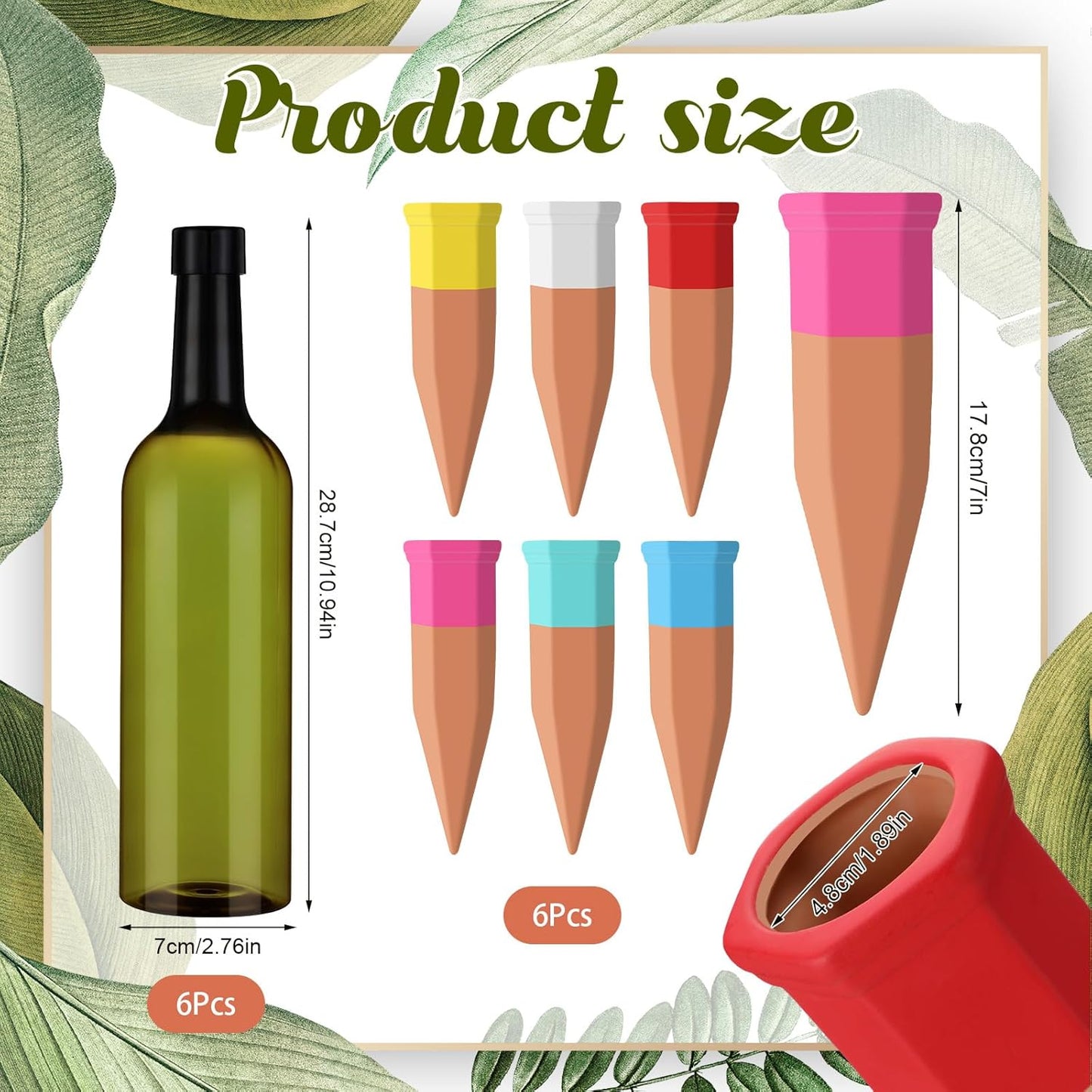 12 Pack Plant Watering Devices Include 6 Terracotta Self Watering Spikes and 6 Pcs 26 oz Plastic Bottles, Slow Release Vacation Insert Automatic Plant Waterer Device (Mixed Colors)