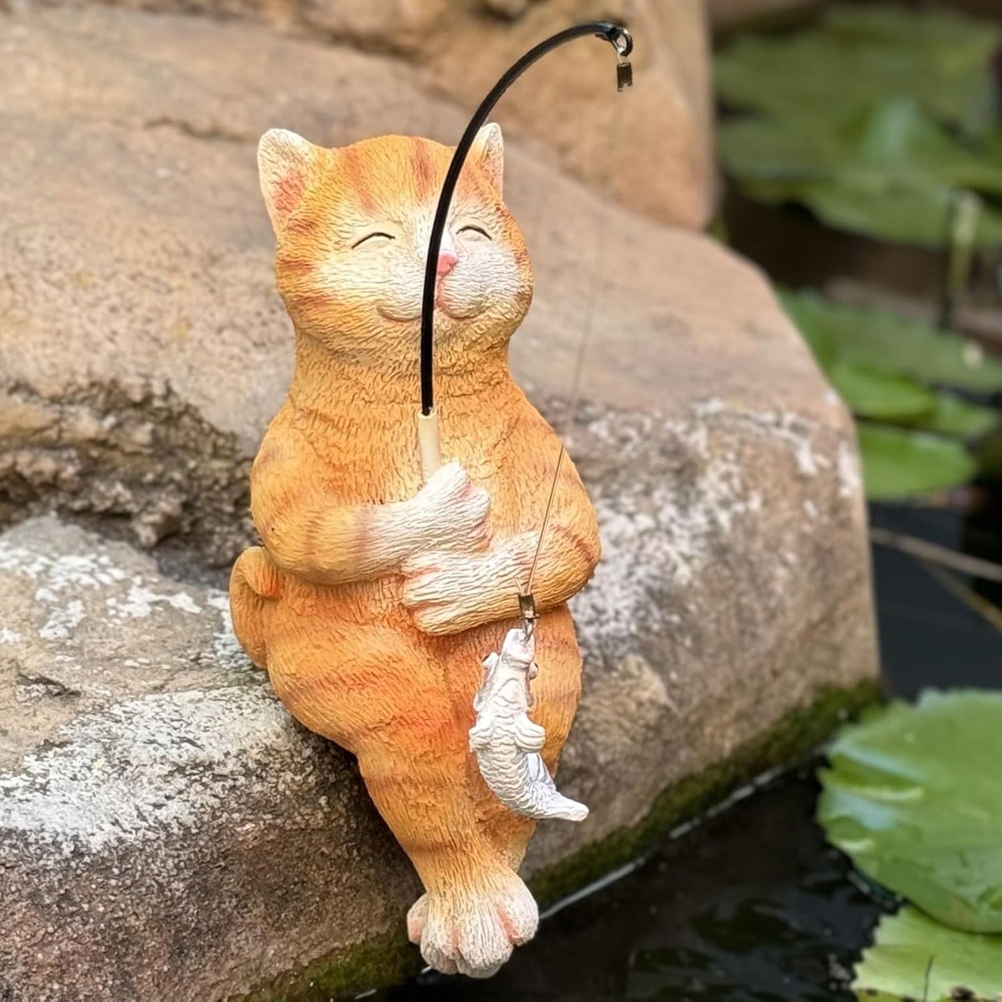 Cat Decoration for Yard Outdoor Garden Decor 9.7 Inch Tall Fishing Cat Statue for Koi Pond, Waterfalls or Poolside Ornaments, Fisher Guy Cat Figurine Pond Decor, Gift for Mom & Women
