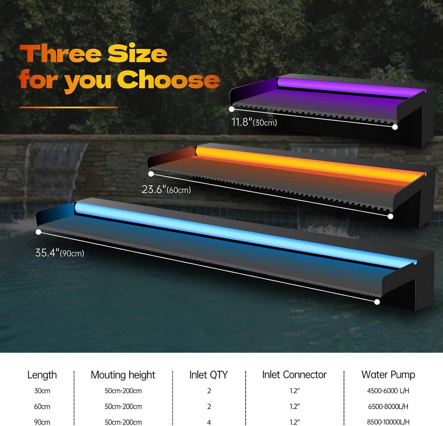 Pool Waterfall Spillway Stainless Steel Pond Fountain, APP Control Colorful LED Lighted Outdoor Black Fountains, Water Flow Spillways Kit for Koi Pond, Swimming Pool, Garden-23.6"x7.8"x3.9"