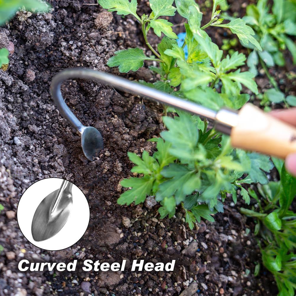 Berry&Bird Weed Puller, Crack Weeder Cultivator Garden Hand Tool, Durable Curved Head Hook & Wooden Handle, Garden Digging, Edging, Planting Remover for Patio Lawn Yard Moss Terrace Paving